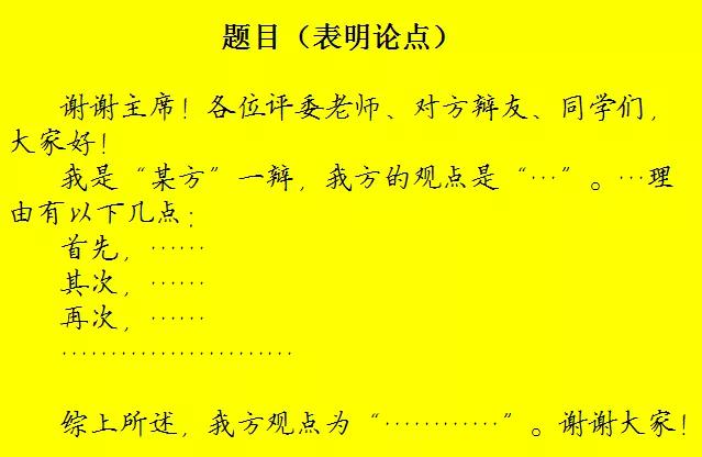 "陈词阶段"一辩发言格式如下:辩论赛是参赛双方就某一问题进行辩论的