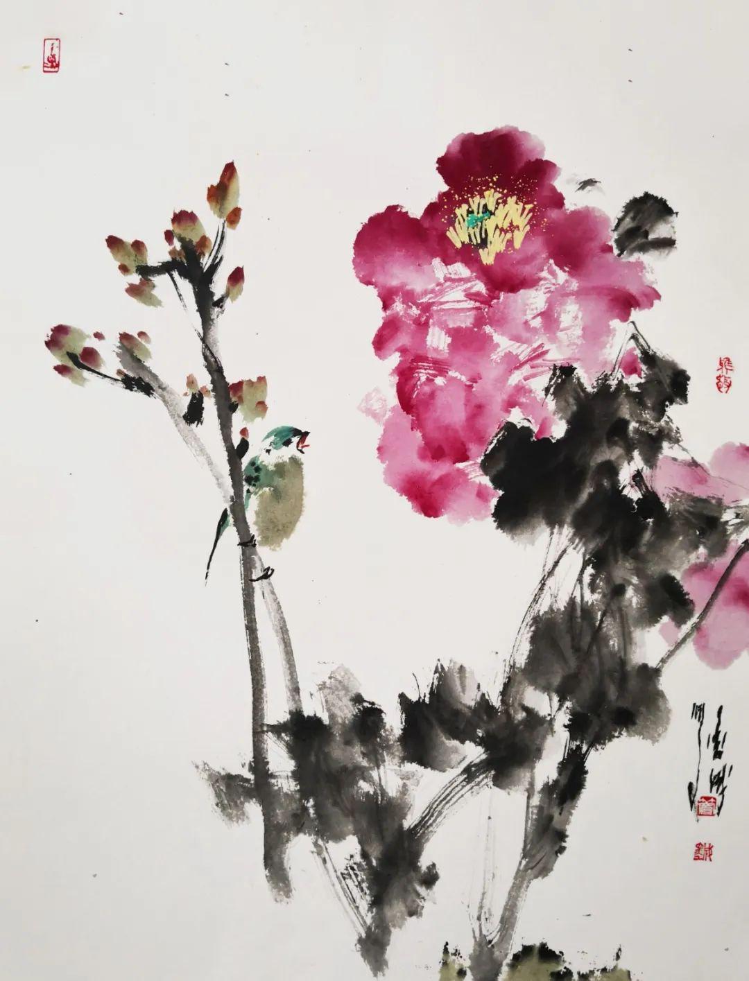 中国花鸟画家——管墨成之画,画中有诗