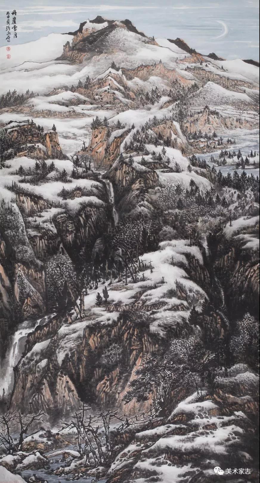 雪景山水山东代表画家 萧维永 《丹崖雪月》水墨宣纸 245x124cm