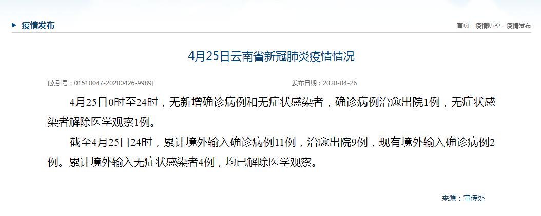 「股票盐田港」云南25日无新增确诊病例和无症状感染者，新增出院1例
