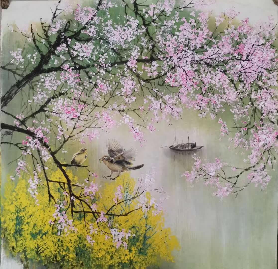周佑林山水画,溪水潺潺,桃红柳绿,一派祥和的自然之美!
