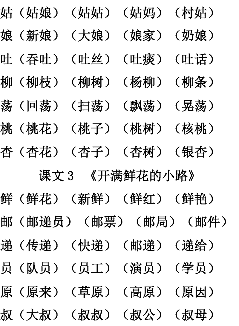 二年级语文下册第1-4单元生字表组词大全