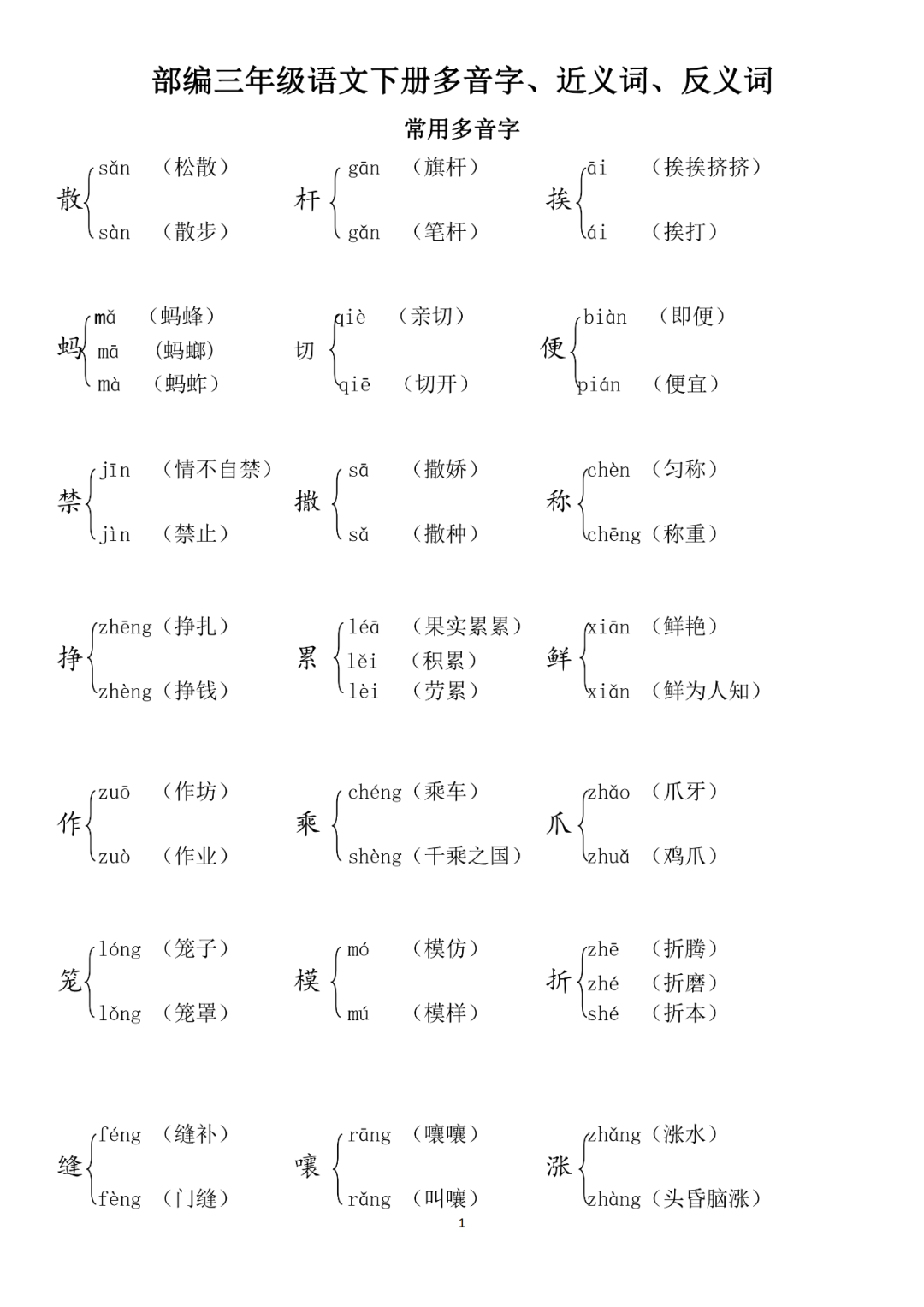 三年级语文下册必须掌握的多音字,近义词和反义词