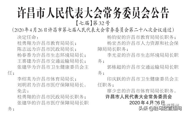 任免刚刚许昌市人大常委会通过一批人事任免涉及多个部门主要领导