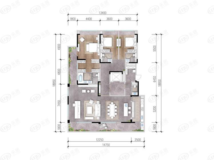 中国铁建西派浣花c户型约245平米,4室两厅三卫