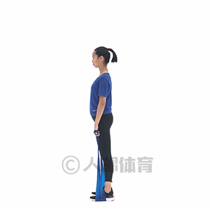将弹力带中段固定在脚下,双手握住两端并自然置于身体两侧,保持弹力带