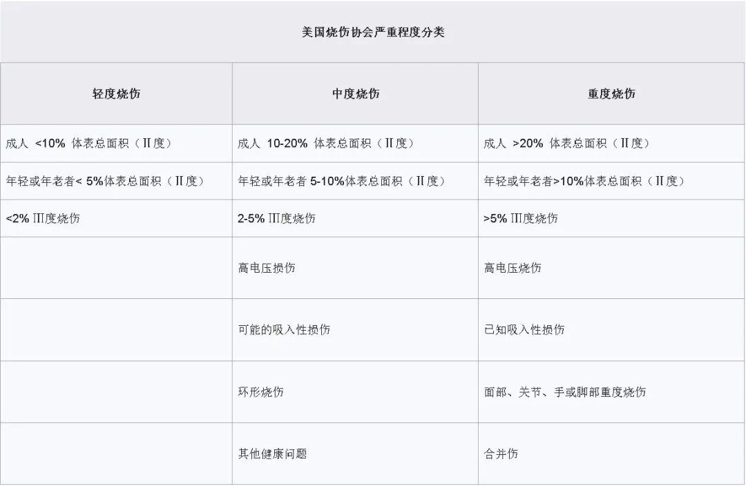 附录烧伤程度,最后选择了美国烧伤协会的这个表格.