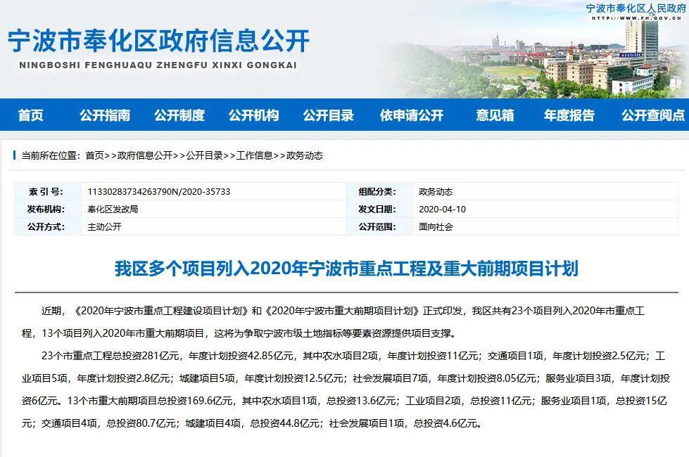 奉化多个项目列入2020年宁波市重点工程及重大前期项目计划