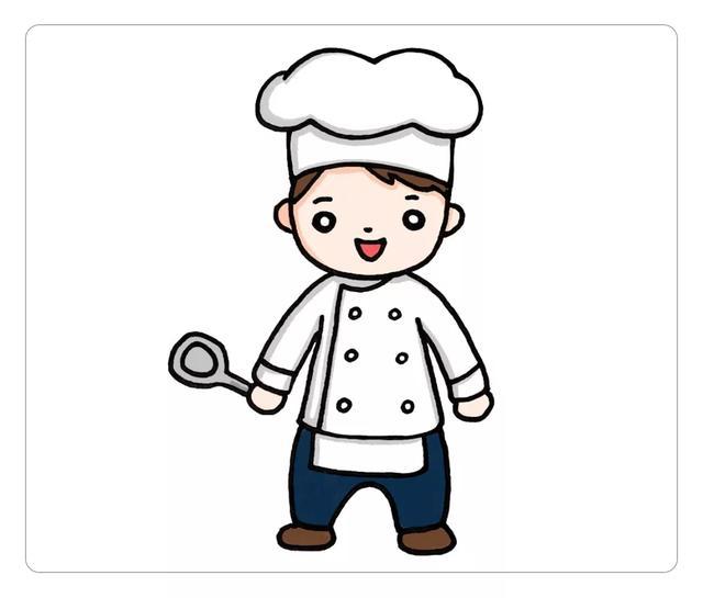 画上纽扣和小铲子,可爱的小厨师简笔画就完成啦,你学崃了吗?