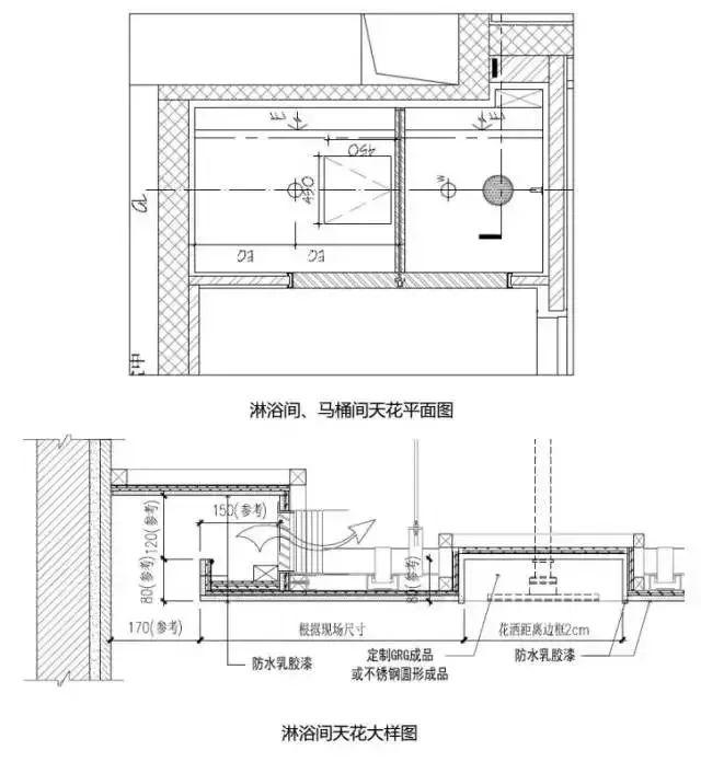 1,淋浴顶部花洒底盒要根据花洒形状及设计图纸制作,为保证质量应定制