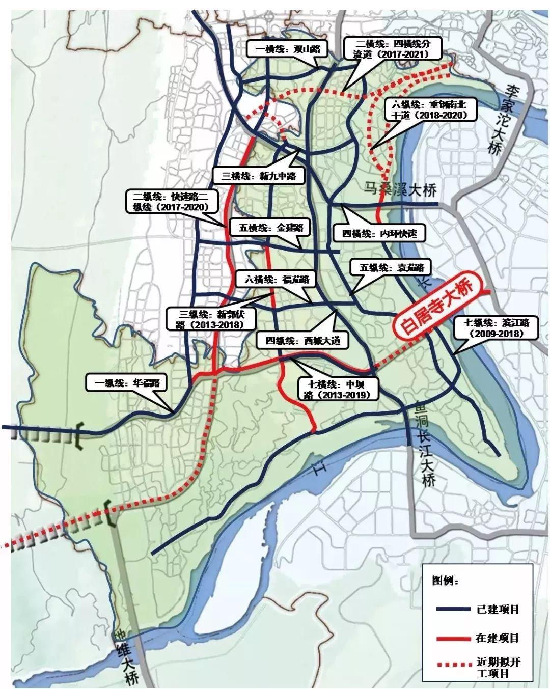 线路 西起大渡口区陈家阁立交 白居寺长江大桥主桥长1384米 为主跨