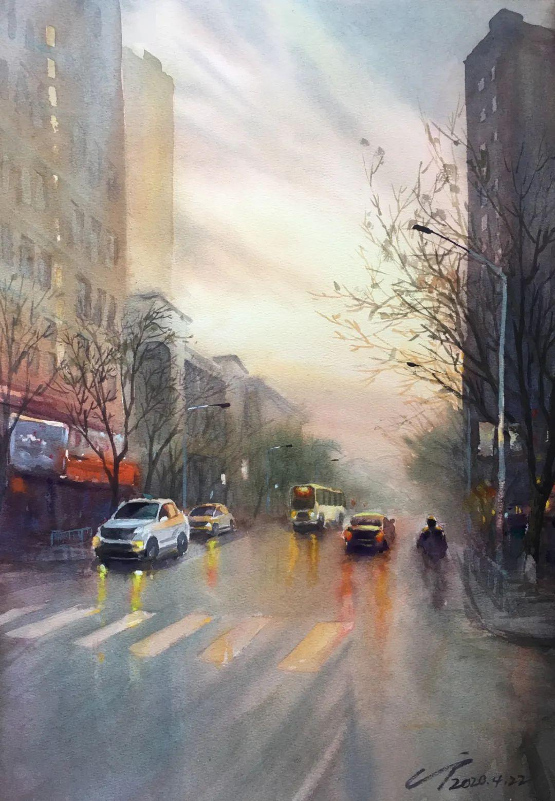 水彩画《新阳大街美景 》