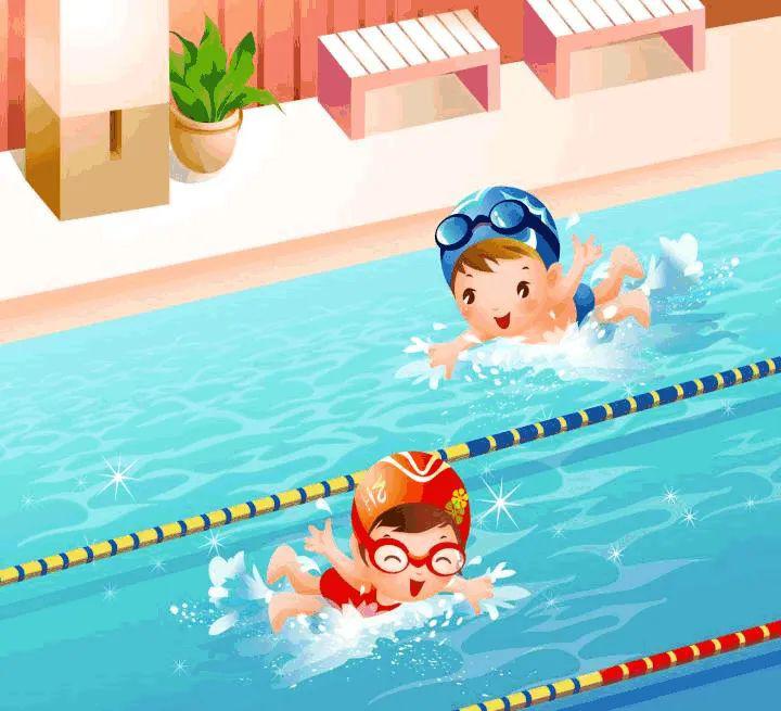 图为:两个小朋友在泳池赛道里相向游来的卡通图