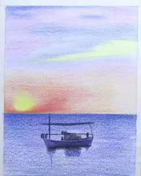 彩铅风景|江畔黄昏,细腻唯美的彩铅画,简单易学