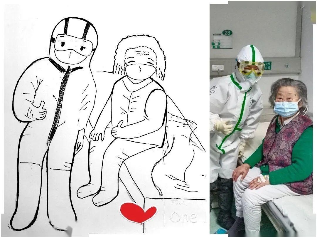 创作的美术作品△穿上防护服的援鄂战士△脱下防护服的白衣天使(左起