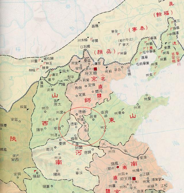 以唐朝这一带地图为底图,结合魏博节度使和明朝分省,看这一区域划分