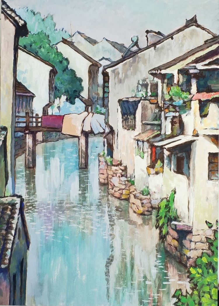 《水乡甪直》水粉 28x40cm 雍志坚