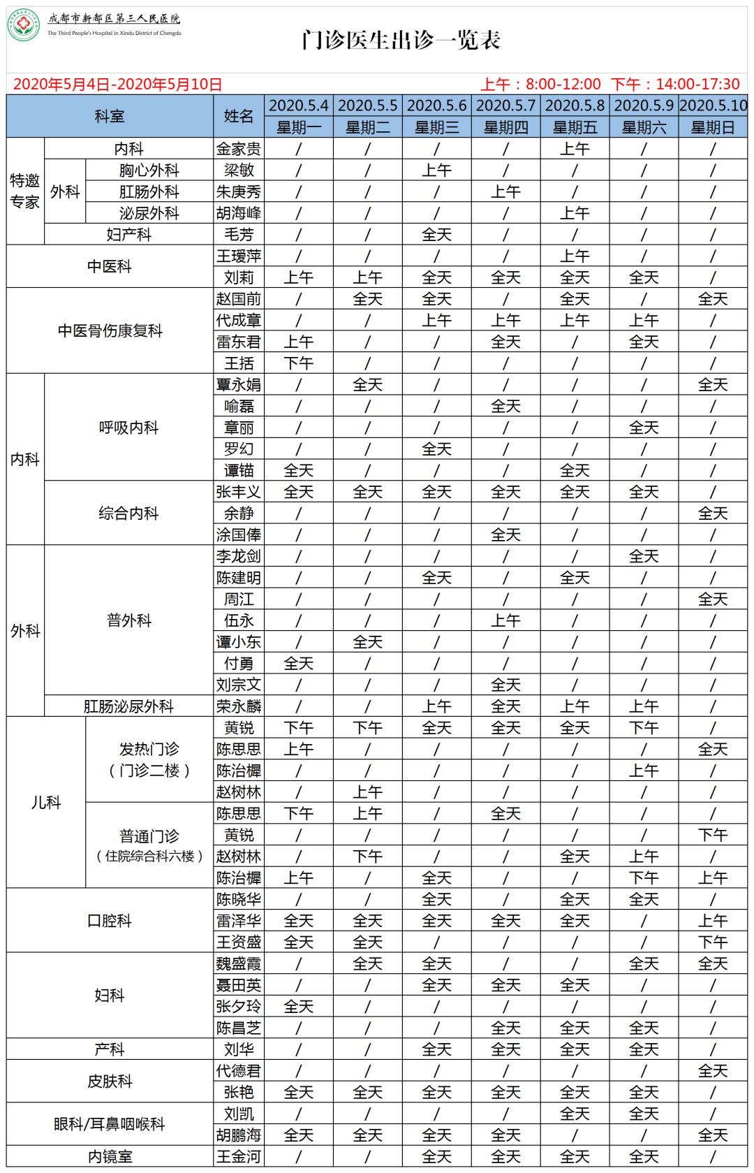 区三医院门诊医生排班表(5月4日—5月10日),请您查收!