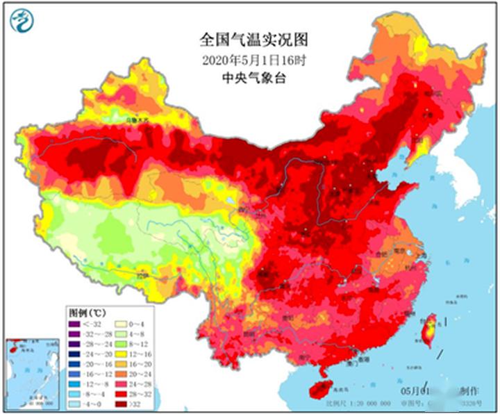 其实,不止湖州,全国气温地图都是"红红火火"一片.