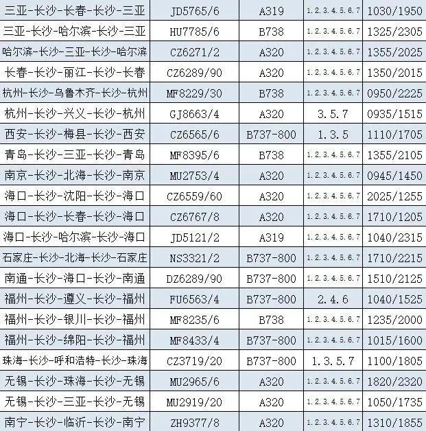 2020长沙机场夏航季计划航班时刻表