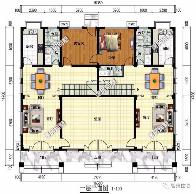 两栋宽16米多的农村双拼别墅,共用大堂屋,在老家很实用