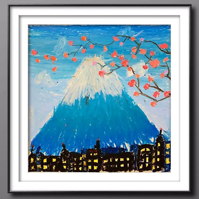 油画:富士山色粉画:熊妈妈和熊宝宝水彩加马克笔:雪山趣.