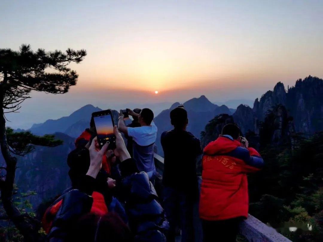 游客在黄山清凉台拍摄日出 汪迎丰 摄春光明媚,杜鹃盛开,游览有序