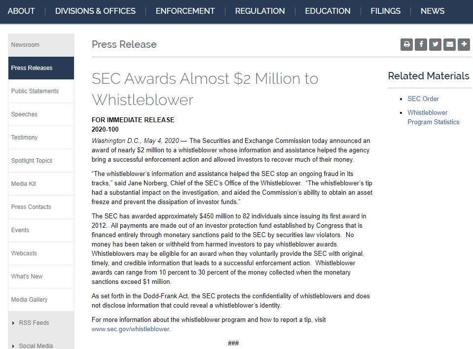 总奖金4.5亿美元!美SEC对举报人奖励200万美元