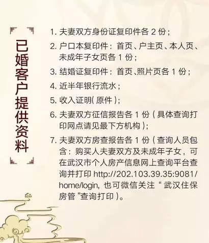 结婚证（单身证明、离婚证）4、户口本5、银行流水6、收入证明7、征信报告其他资料：征信现场查询：武汉