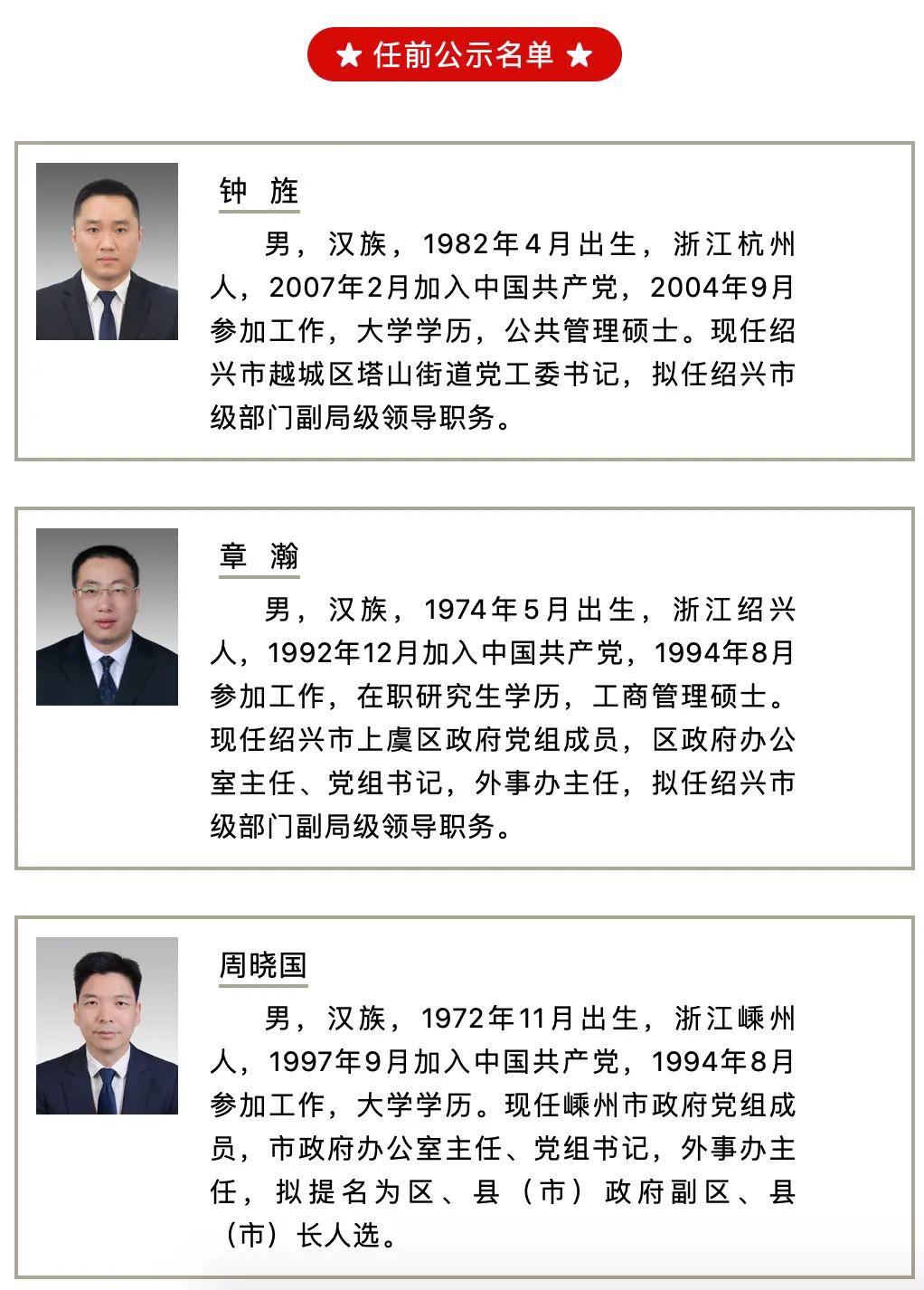 绍兴市拟提拔任用周晓国等3名同志的任前公示通告