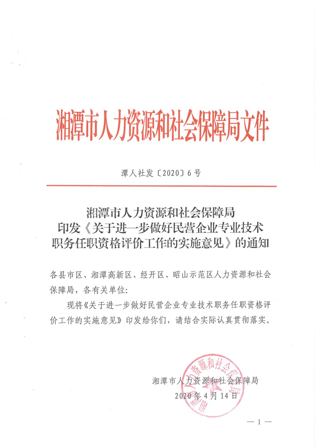 湘潭市人力资源和社会保障局印发关于进一步做好民营企业专业技术职务