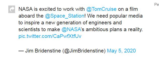 NASA要和汤姆·克鲁斯在太空拍电影,阿汤哥成首