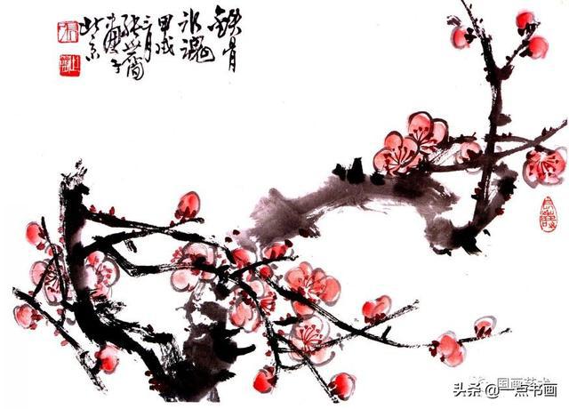 雪梅,树干用断续斑驳的画法画出,花也画成积雪后残缺不全的样子,然后