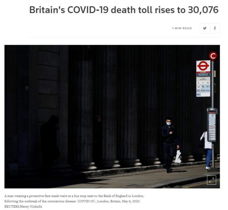 英国新冠肺炎累计死亡病例超3万例,成欧洲首个超3万例国家