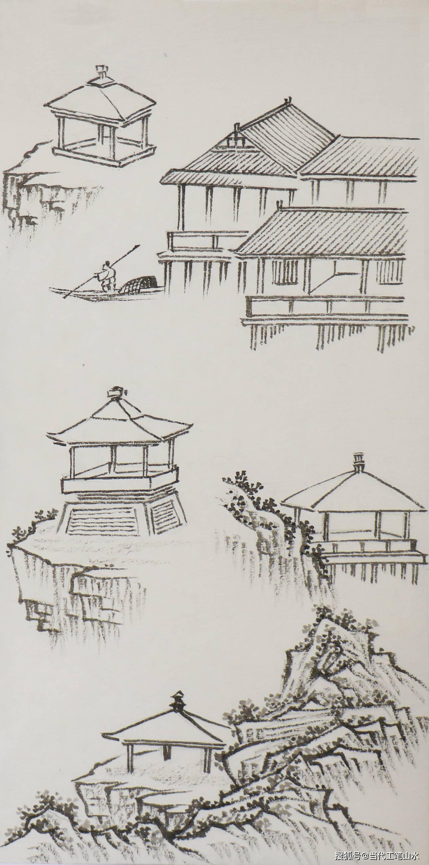 传统工笔山水中常用房屋桥梁点景人物的画法