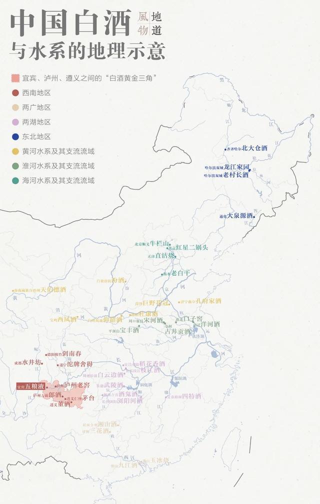 由相似的气候,土壤,粮食整合而成的  ▲ 中国白酒与水系地理示意图