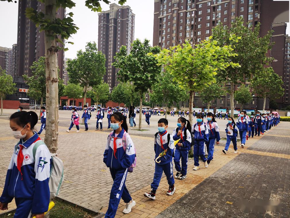 紫薇小学学生按照规定路线进入教学楼(记者 郭诗尧 摄)