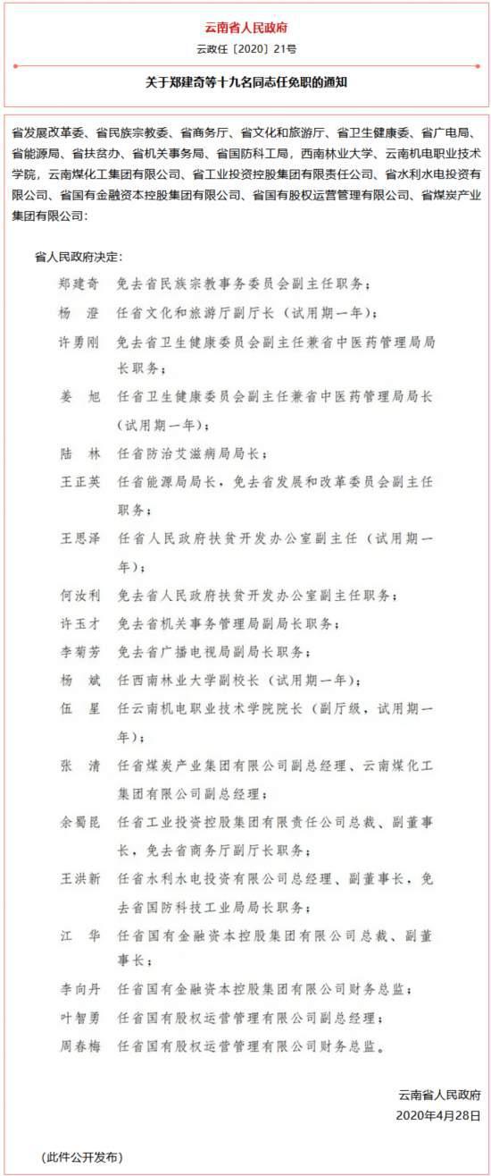 云南丨云南省人民政府发布一批任免职通知 涉及27名干部