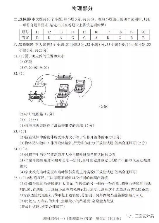 2020山西中考模拟百校联考一试题答案汇总完毕