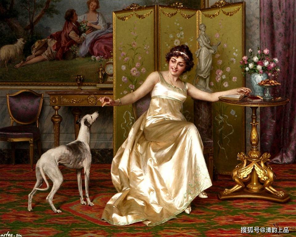 意大利画家维托里奥·雷格尼尼,19世纪贵妇生活场景,油画作品