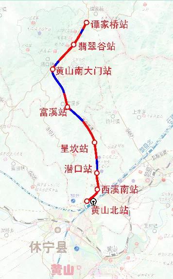 黄山市域旅游铁路t1线一期工程起自黄山北站综合交通枢纽,出站后线路