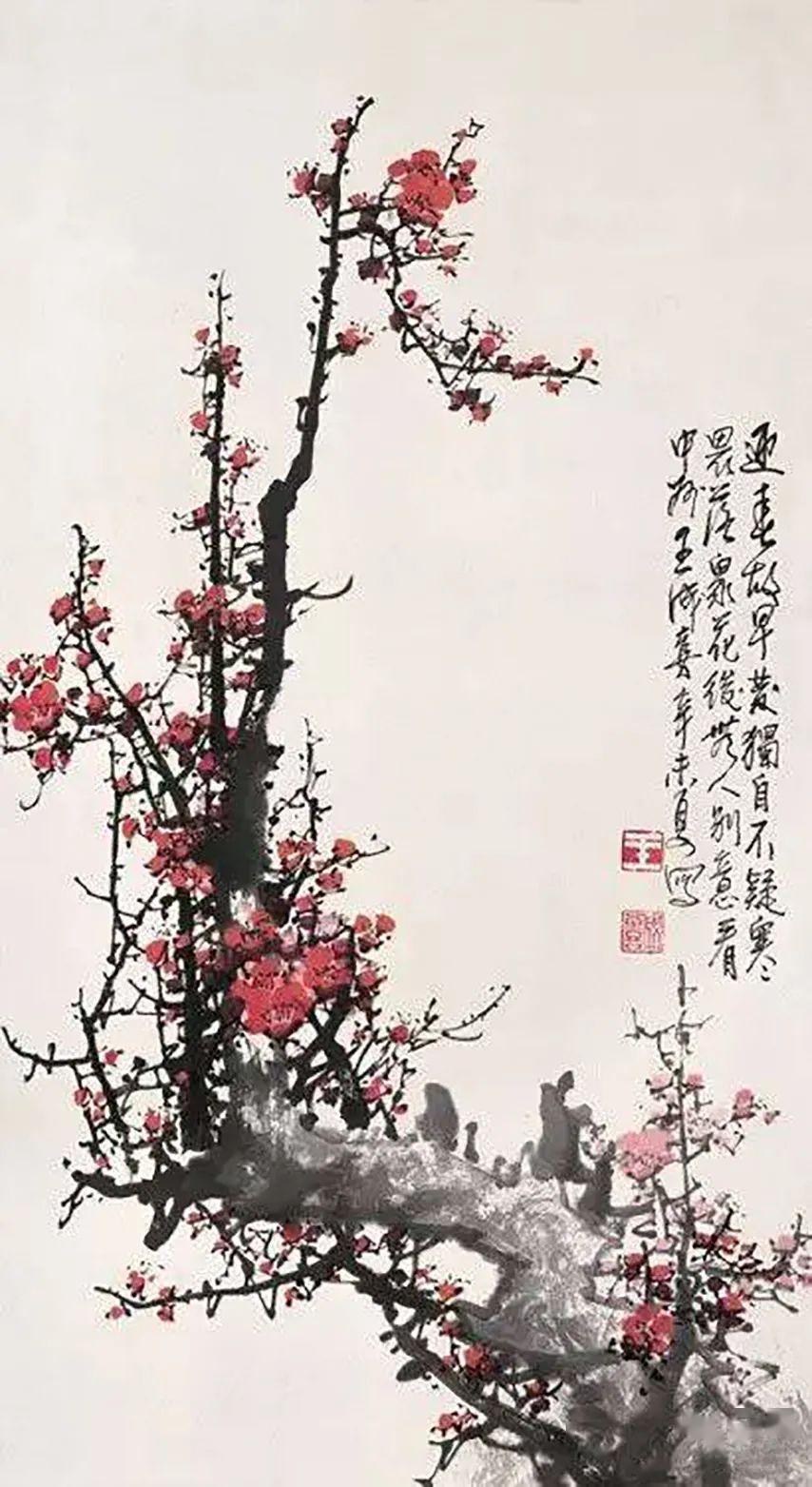 梅花的构图形式;写意梅花的树干和根部画法;圈梅,点梅画法;画枝添花