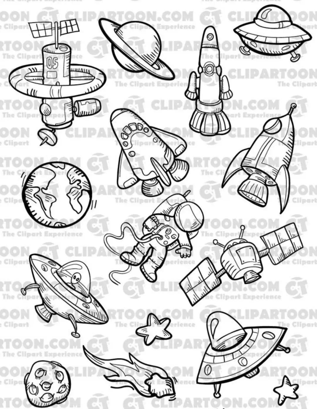 300个探索太空主题简笔画手账元素,拯救画科幻画缺灵感的你