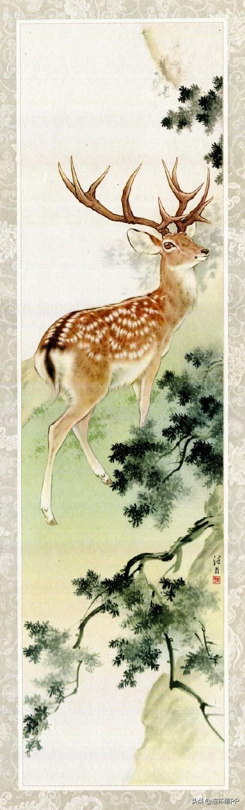 刘继卣1957年国画动物四条屏(梅花鹿,母子猴,猞猁,双狼)