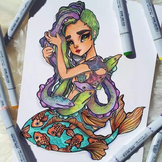 马克笔与水彩的创意插画 奇妙的女生美人鱼世界 手绘好素材