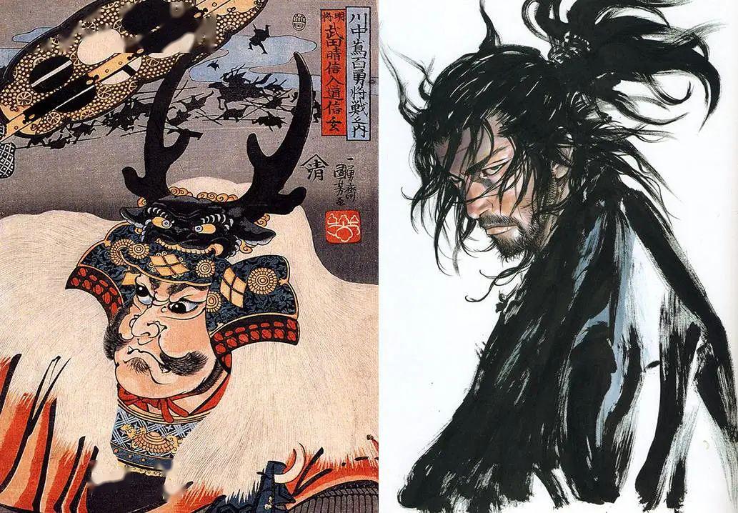 左边是浮世绘大师歌川国芳所绘的武田信玄,右边是日本漫画家井上雄彦