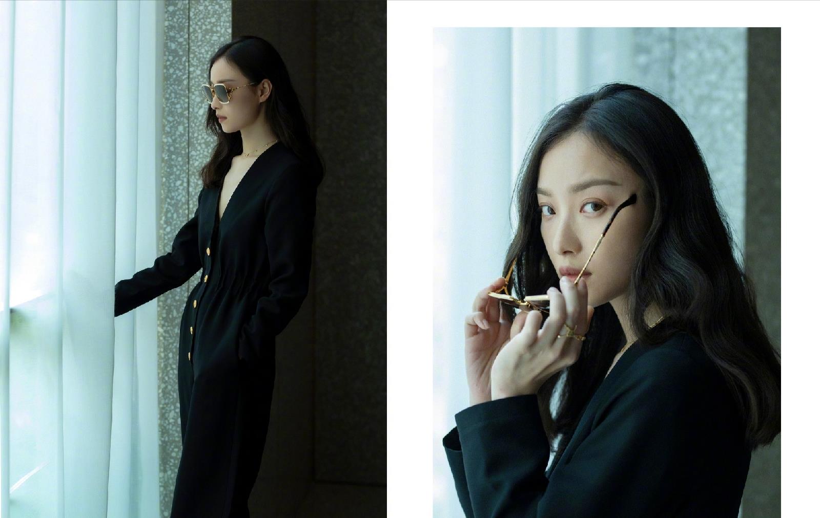 倪妮新剧路透照流出一字肩牛仔裤穿出高挑好身材姿态优雅似天