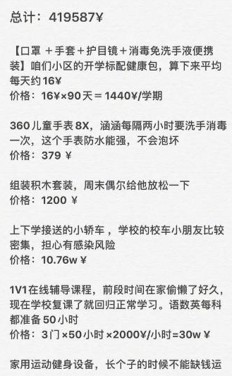 原创北京妈妈晒出42万开学清单，养娃到底有多难？