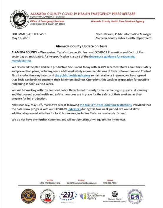 马斯克赢了！加州地方政府允许特斯拉复工，特