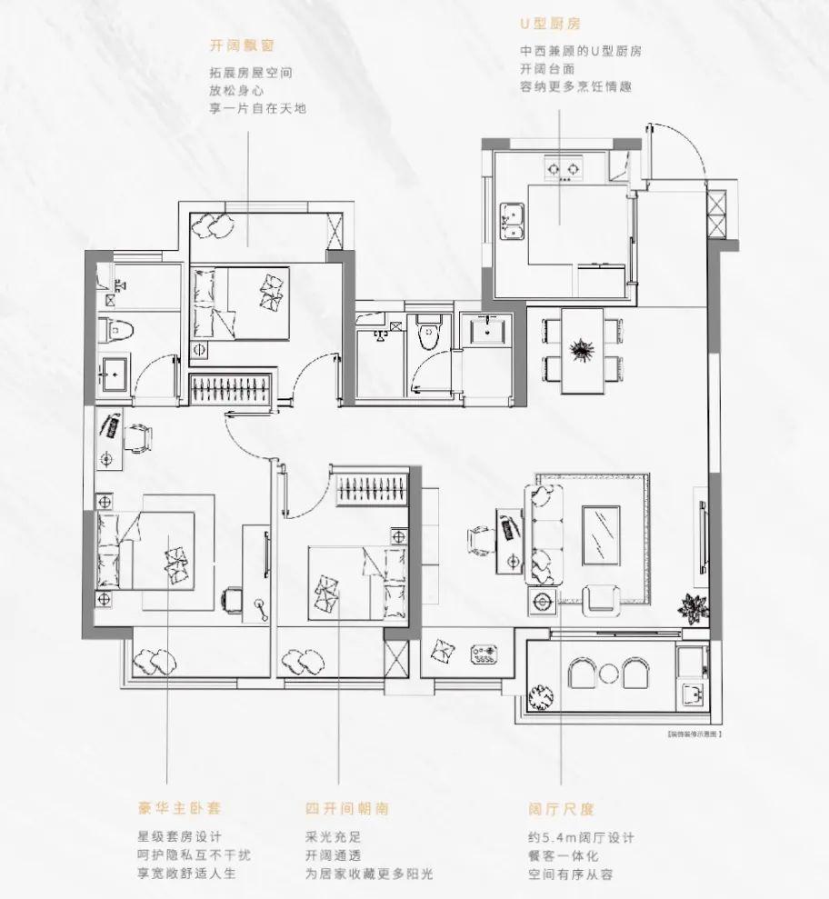 主卧套房设计,近1m宽大尺度飘窗(样板实景 建面约115㎡大三房户型